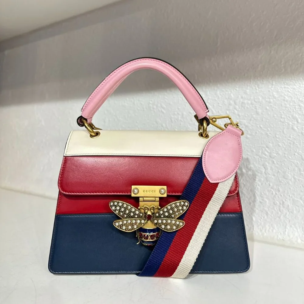 Gucci Tri-Color Leather Queen Bees With Top Handle Bag Shoulder Bag Crossbody - Picture 1 of 9